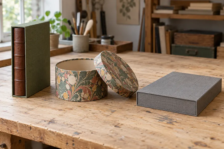 Schuber aus grünem Leinen mit Lederband, runde Hutschachtel mit Marmorpapier und eine graue Kassette